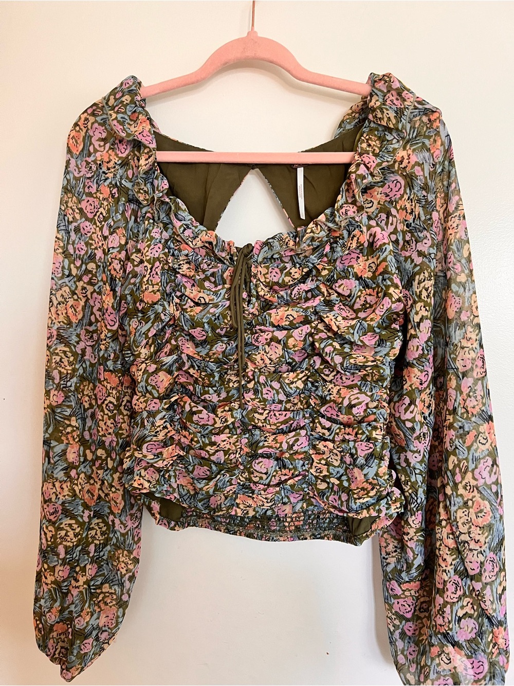 Free People Olive Floral Ruched Crop Blouse with Pink Accents